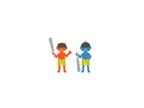 節分の赤鬼と青鬼のイラスト・金棒・虎柄パンツ・かわいい