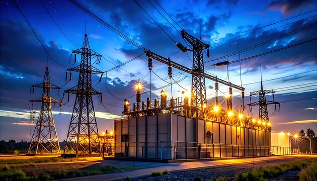 Electric power transmission towers at dusk.