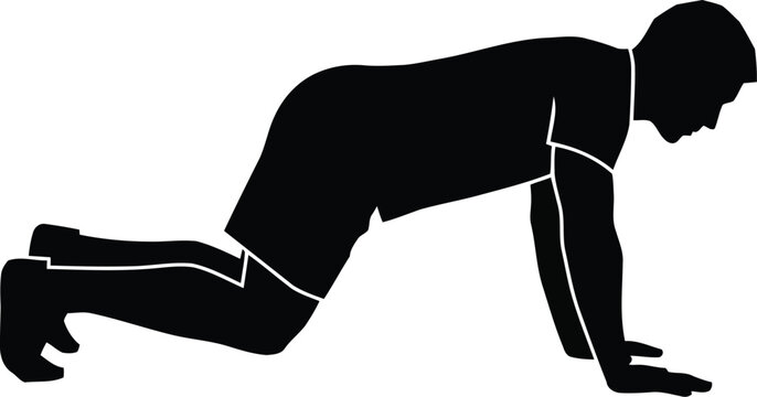 Silhouette of man on all fours in crawling position isolated on white background