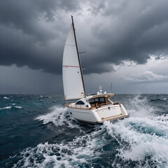 Fototapeta premium Dramatic Lighting Storm Knot. Stormy Mediterranean Yacht Sailing Close Hauled