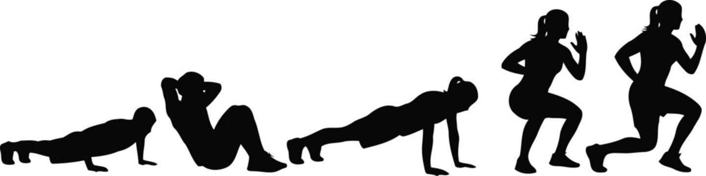 Black silhouette fitness exercise sequence showing core workout, push up, plank and running positions