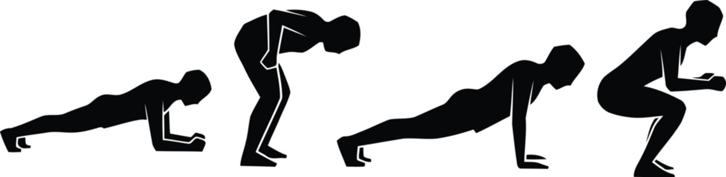 Black silhouette of fitness exercise sequence showing push up and squat workout positions on white background