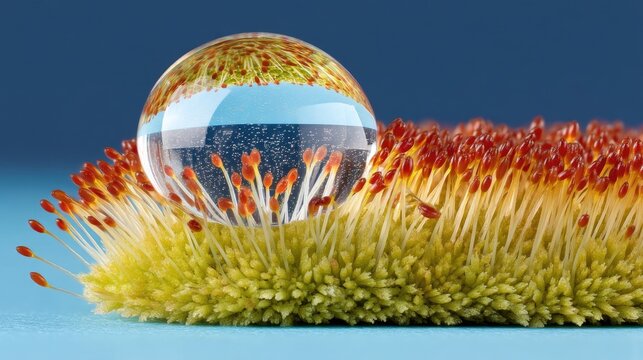 Macro Water Droplet Resting on Moss Capsule with Spore Seta Reflection in Studio