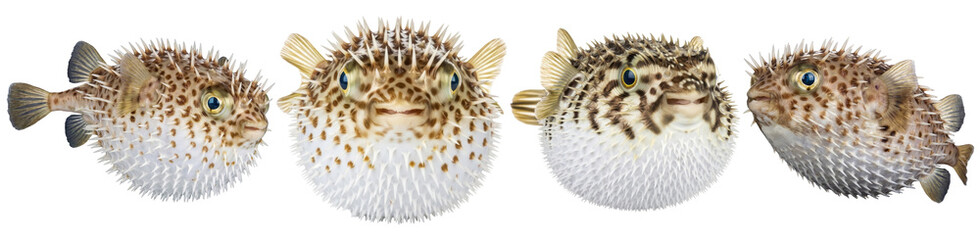 Detailed photograph of four spiky pufferfish, showcasing unique texture and defensive spines. © GraphicPNG