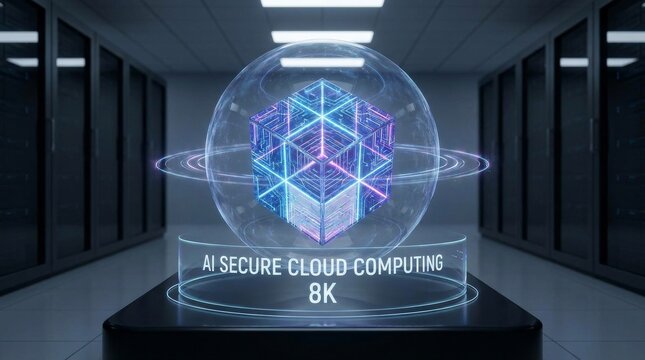 Holographic secure cloud computing 8K cube in a data center server room with data security, big data