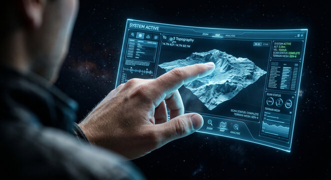User interface design concept with hand touching a 3D digital topographic terrain map screen