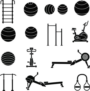 Fitness equipment icon set with black gym machine and exercise symbols isolated on white