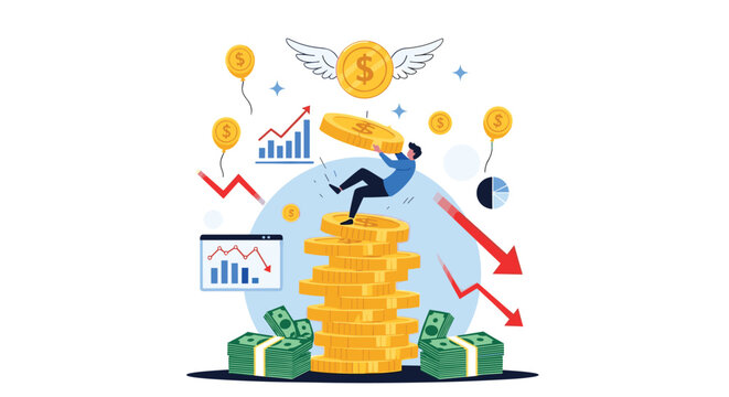 Investor managing financial risks and market volatility by catching falling coins while standing on top of a large stack of money.