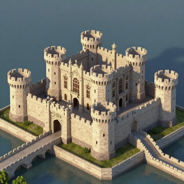 Art Deco Bridge King. An Isometric Medieval Fortress Featuring A Castle Tower, Wall Bridge, And Moat