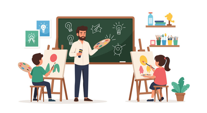 Professional male art teacher instructing young children during a creative painting class in a well equipped classroom studio.