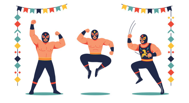 Dynamic trio of traditional Mexican wrestlers wearing colorful masks and performing powerful lucha libre moves during a festive celebration.