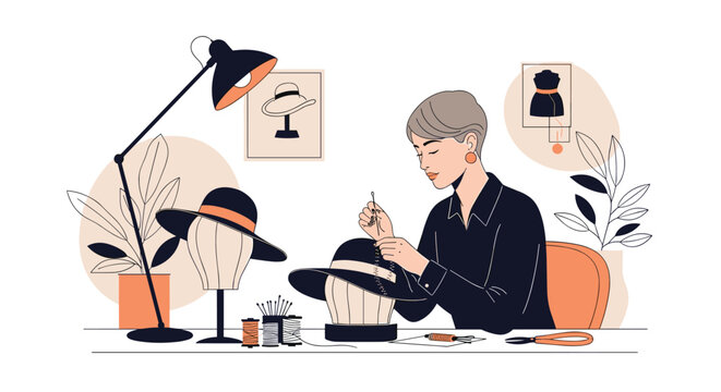 Skilled female milliner meticulously sewing a black felt hat while working at her creative workspace under a desk lamp.