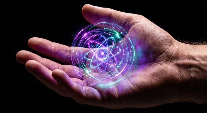 Hand holding a glowing vibrant neon holographic atom model representing quantum computing power