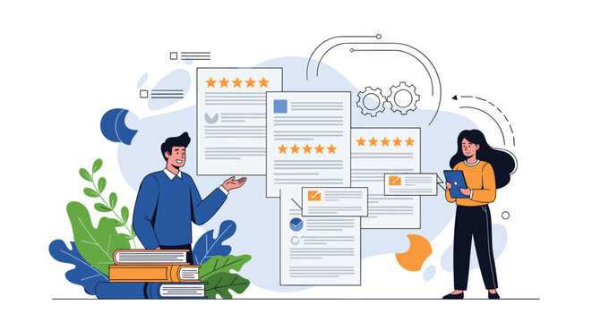 Business managers reviewing multiple customer feedback forms and rating documents to improve service quality and corporate performance.