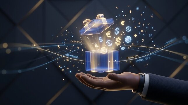 Digital Gift Box With Currency Symbols and Rewards Concept