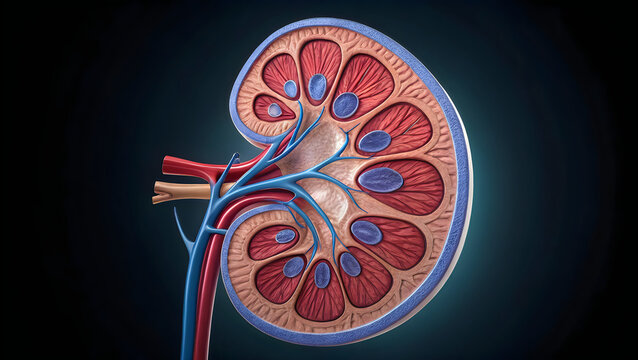 Human kidney with nephrons and blood vessels cross-section