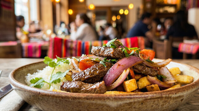 A delicious Lomo Saltado, a Peruvian dish with chunks of beef tenderloin, tomatoes, and red onion, accompanied by crispy French fries