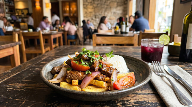 A delicious Lomo Saltado, a Peruvian dish with chunks of beef tenderloin, tomatoes, and red onion, accompanied by crispy French fries