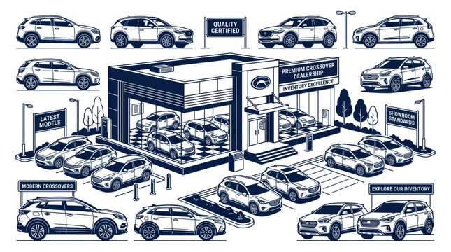 Car Dealership Showroom with SUVs and Sedans, Illustration