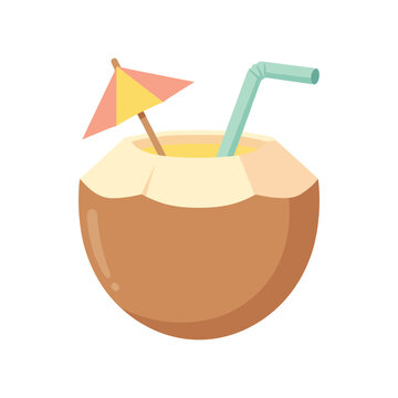 Vector icon of a coconut cocktail, minimalist tropical beverage illustration for summer and beach themes.