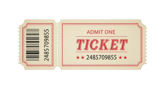 Vintage admit one ticket with barcode and serial number isolated on transparent background