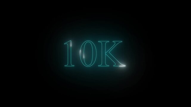 A captivating digital animation featuring the text 10k in a vibrant turquoise neon glow, shimmering with dynamic light streaks and reflections against a deep black background, perfect for a modern.