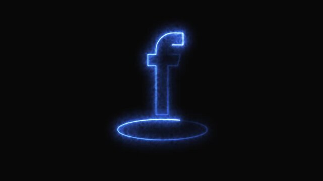 Dynamic blue neon facebook logo icon appearing on black background with glowing ring motion and smoke effect, social media concept