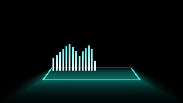 Modern digital motion graphic animation displaying bar graph data increasing and decreasing with an overlaying line graph showing growth over time on a futuristic glowing teal platform