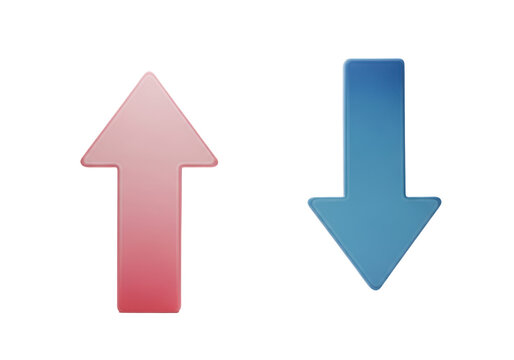 3d red up arrow and blue down arrow isolated on transparent background