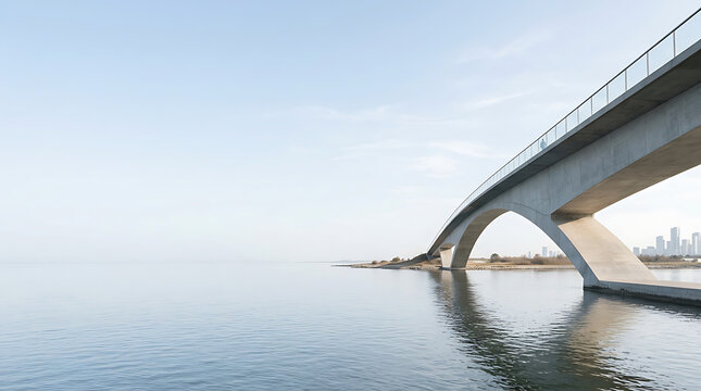 Modern concrete arch bridge over calm water with city skyline