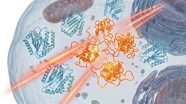3D Microscopic Diagram of Intracellular Protein Denaturation and Aggregation due to Heatstroke