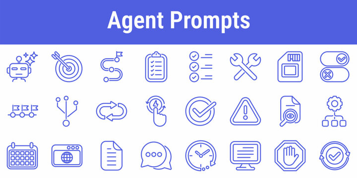 Agent prompt line icons with goals tasks tools triggers branching approvals warnings calendars browser chat and validation symbols for AI workflow design