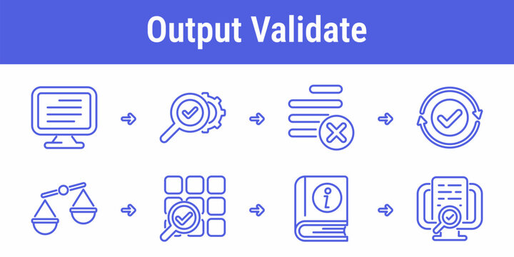 Structured output validation workflow icons with response review error check approval loop balance comparison matrix inspection guide and final testing screen