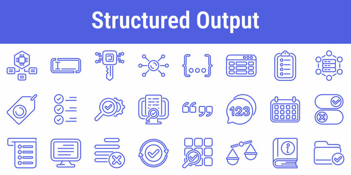 Structured output line icons with schema format validation tables checklists tokens quotes toggles and documents for AI prompt engineering workflows
