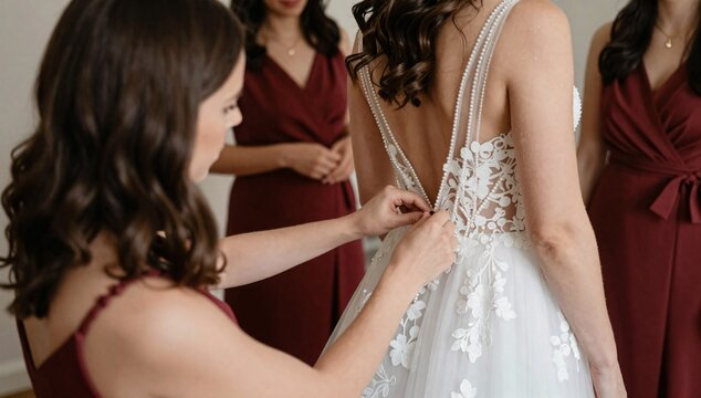 Bridesmaid helps the bride get ready for the wedding by buttoning her dress