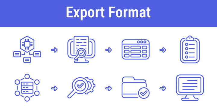 Export format workflow icons with schema model report review table layout checklist network validation approved folder and final screen for AI structured output design