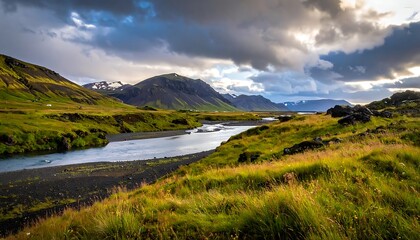 Fototapeta premium serene landscape with river and mountains.