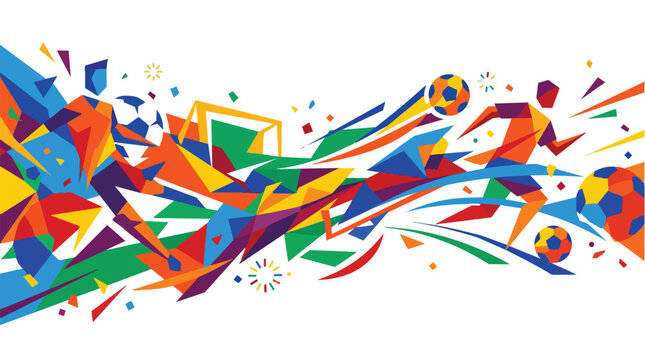 Abstract geometric illustration of soccer players kicking and passing the ball in a game