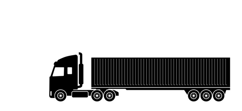 lorry cargo truck with 40 feet container side view silhouette icon, military car black symbol, freight company logotype template