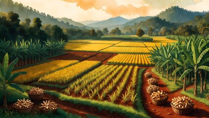 Fototapeta premium A wide scenic agricultural painting as the main subject, turmeric fields arranged across a tropical valley with golden rhizome baskets, red soil lanes, banana windbreaks, and distant forested hills, w
