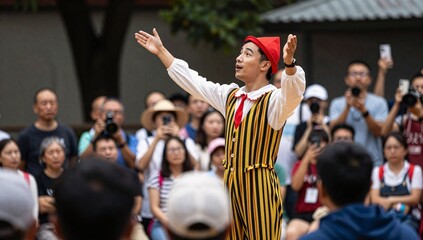 Fototapeta premium Performer in colorful costume addresses an audience with hands raised during an outdoor performance