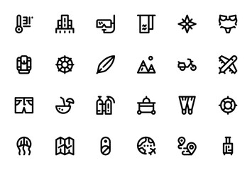 Travel icon set. Vector illustration. Featuring temperature, hotel, goggles, towel, winds star, bikini, backpack, helm, surf, landscape, bike, aircraft, shorts, coconut, scuba, hotel service, flippers © wang