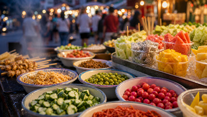Obraz premium Street Food Market with Fresh Fruit and Local Snacks