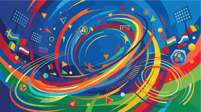 Abstract vector illustration of a football match with flags and stadium lights, sport concept
