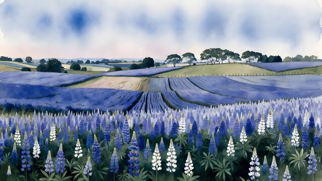 A scenic painterly farm panorama as the main subject, lupin fields blooming across a cool rural plateau with blue and white flower bands, sheep fences, farm tracks, and distant wind-shaped trees, clea