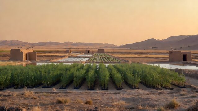 A scenic painterly agriculture poster as the main subject, cumin fields spreading across a warm dryland basin with seed trays, mud-brick storehouses, shallow wells, and distant desert hills, gentle da