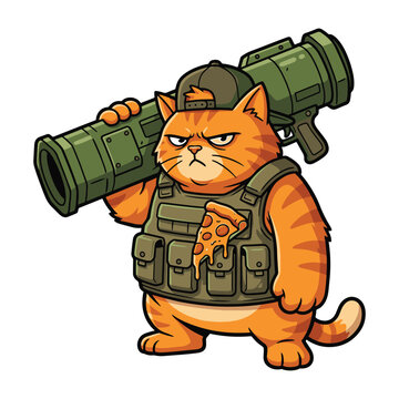 Grumpy orange tactical cat holding a bazooka and slice of pizza vector illustration.