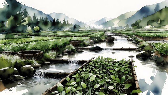 A scenic painterly agriculture poster as the main subject, watercress beds growing beside clear mountain streams with small wooden channels, mossy rocks, woven gathering baskets, and distant pine slop