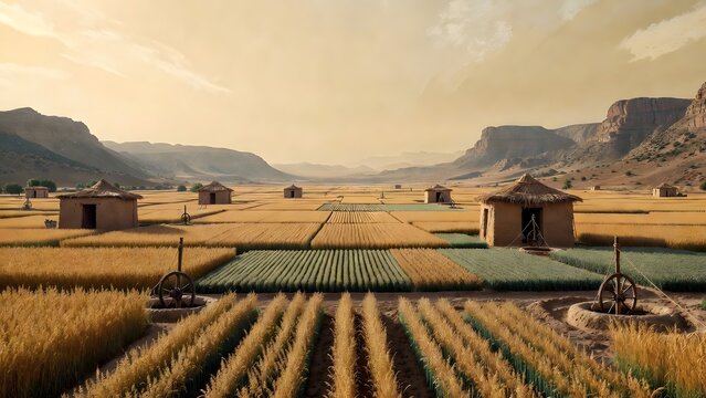 A scenic painterly agriculture poster as the main subject, cumin fields spreading across a warm dryland basin with seed trays, mud-brick storehouses, shallow wells, and distant desert hills, gentle da