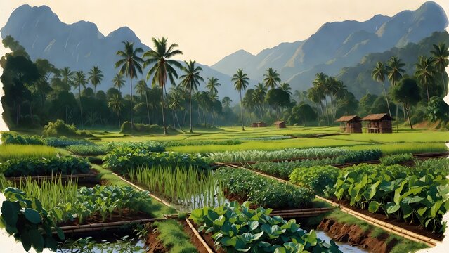 A scenic agricultural painting as the main subject, vegetable fields nourished by bamboo irrigation channels across a tropical foothill plain with palm clusters, stilted storage huts, and distant blue
